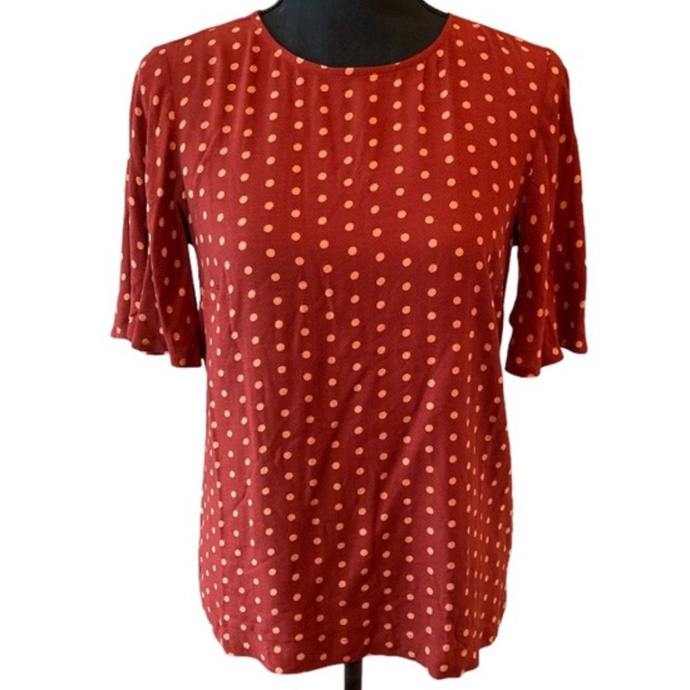 A New Day Red/Orange Polka Dot Flutter Sleeve T-Shirt Top, Small